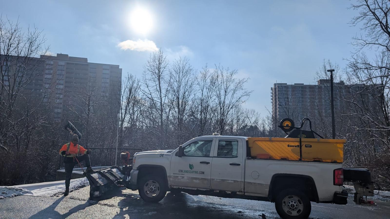 Salt bin and melter setup at commercial entrance in Greater Toronto Area